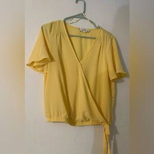 Pink Rose Yellow Flutter Sleeve Wrap Blouse